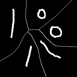 Diagramme de Voronoï d'objets surposé à l'image artificielle d'objets